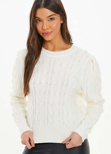 Cream Pearl Embellished Cable Knit Jumper By Quiz Look Again