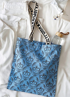 100% Cotton Canvas Cashmere Blue Skull Print Tote Bag by Xander Kostroma
