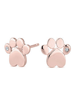 14ct Rose Gold Sterling Silver 925 Cubic Zirconia Paw Print Stud Earrings by Simply Silver