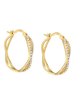 18ct Gold Plated Sterling Silver Double Cross Over Crystal Creole Hoop Earrings by For You Collection