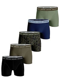 5 Pack of Essential Boxer Shorts by Bjorn Borg - Black, Blue & Khaki Print