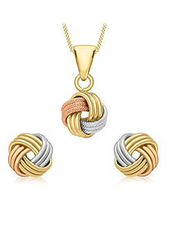 9ct 3-Colour Gold Textured & Polished 4-Way Triple-Knot Pendant & Stud Earrings Set by Tuscany Gold