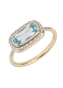 9ct Gold Elongated Sky Blue Topaz & Diamond Surround Ring in Yellow Gold by Elements Gold