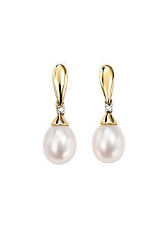 9ct Gold Freshwater Pearl & Diamond Drop Earrings by Elements Gold