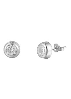 9ct Solid White Gold 5mm Cubic Zirconia Rubover Stud Earrings by For You Collection