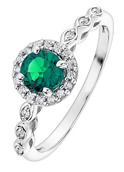 9ct White Gold 5mm Created Emerald & 0.10ct Diamond Ring by Arrosa