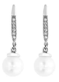 9ct White Gold Cultured Freshwater Pearl and Diamond Earrings by Arrosa