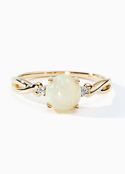 9ct Yellow Gold 7mm Round Cabochon Opal & Diamond Ring by Colour Collection