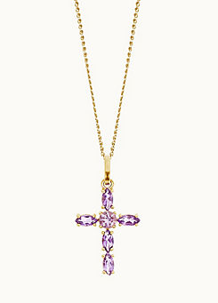 9ct Yellow Gold Amethyst Cross Pendant Necklace 18 ins by Colour Collection