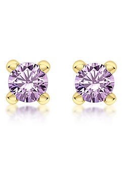 9ct Yellow Gold Purple 4mm CZ February Birthstone Stud Earrings by Tuscany Gold