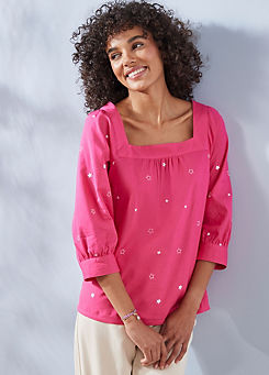 Amelia Pink Cotton Linen Blend  Embroidery Star Square Neck Top by Freestyle