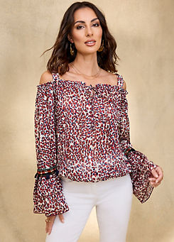 Animal Print Cold Shoulder Ruffle Trim Top by Together