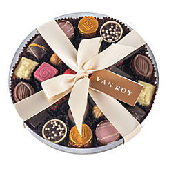 Assorted Belgian chocolates in a round box with ribbon by Van Roy