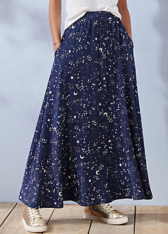 Ava Navy Star Print Jersey Maxi Skirt by Freestyle