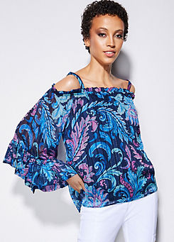 Bardot Printed Top with Frill Sleeve & Detachable Straps by STAR by Julien Macdonald