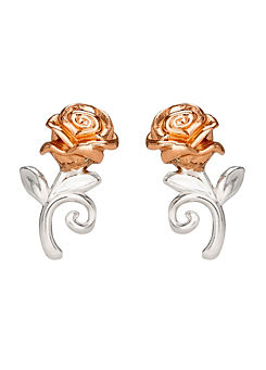 Beauty & The Beast Two Tone Sterling Silver Rose Stud Earrings by Disney