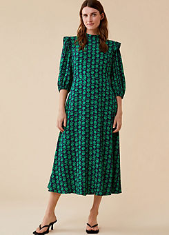 Belen Puff Sleeve Dress in Green Floral Print with Ruffle Detail by Finery