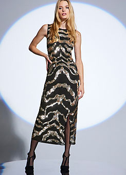 Black & Gold Sequin Animal High Neck Midi Dress by STAR by Julien Macdonald