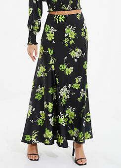 Black & Lime Satin Floral High Waist Skirt by Quiz