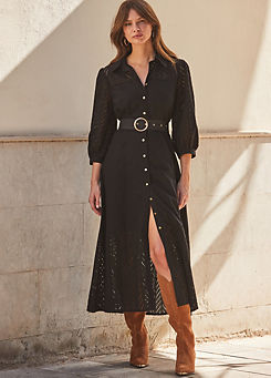 Black Broderie Detail Midi Shirt Dress by Sosandar