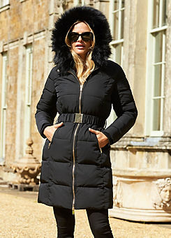 Black Faux Fur Trim Luxe Longline Padded Coat by Sosandar