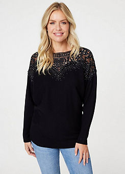 Black Lace Detail Relaxed Fit Knit Top by Izabel London