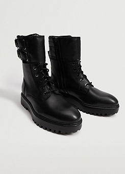 Black Lace Up Leather Biker Ankle Boots by Mango
