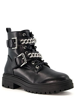 Black Peep Embellished Chain Lace Up Low Boots by Head Over Heels By Dune