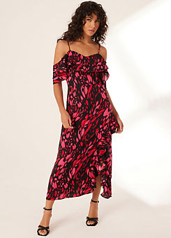 Black Red & Pink Abstract Print Crepe Cold Shoulder Midi Dress by Quiz