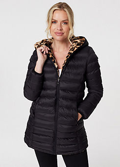 Black Reversible Leopard Faux Fur Puffer Coat by Izabel London