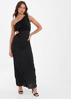 Black Satin Pleated One-Shoulder Maxi Dress by Quiz