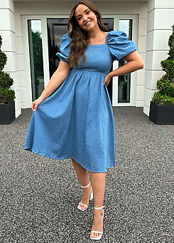 Blue Chambray Shirred Balloon Sleeve Maxi Dress by In The Style x Jac Jossa