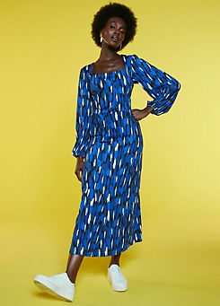 Blue Dash Print Square Neck Jersey Midi Dress by Freemans