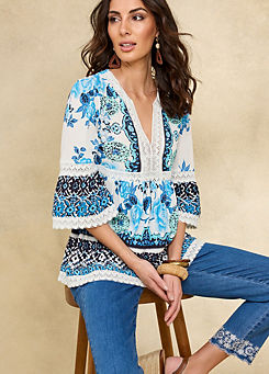 Blue Floral Border Print Blouse by Together