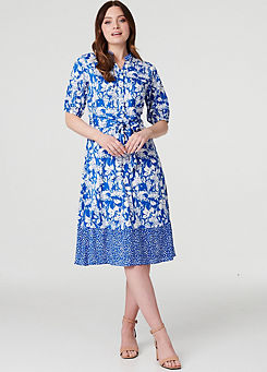 Blue Floral Half Sleeve Midi Shirt Dress by Izabel London