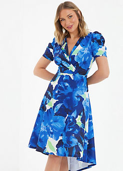 Blue Floral Scuba Midi Dress with Puff Sleeve by Quiz