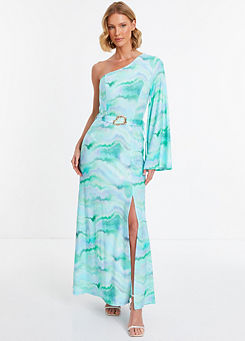 Blue Jersey Marble One Shoulder Flute Sleeve Maxi Dress by Quiz