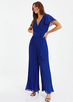 Blue Pleated Chiffon Jumpsuit with Belt Detail by Quiz