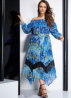 Blue Print Bardot Pleated Lace Trim Chiffon Midaxi Dress by STAR by Julien Macdonald