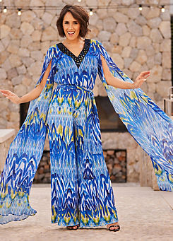 Blue Print Stretch Cape Sleeve Jumpsuits by STAR by Julien Macdonald