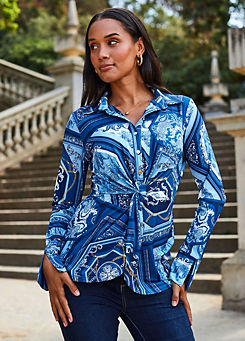 Blue Scarf Print Jersey Twist Front Shirt by Sosandar