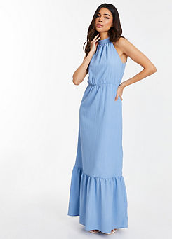 Blue Textured Woven Maxi Dress with Halterneck by Quiz