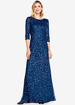 Blue Three-Quarter Sleeve Beaded Mermaid Gown by Adrianna Papell