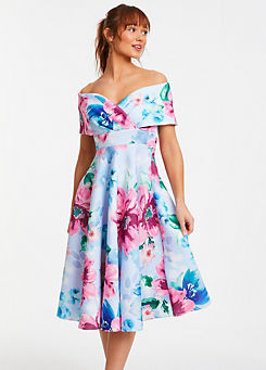 Blue and Pink Floral Scuba Bardot Midi Dress by Quiz