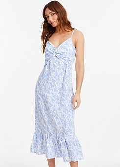 Blue and White Floral Textured Woven Strappy Dress by Quiz