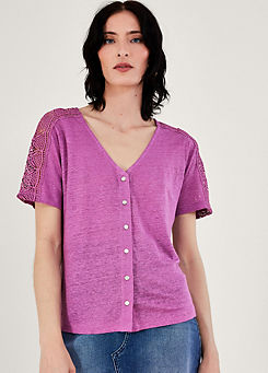 Button Through Lace Linen T-Shirt by Monsoon