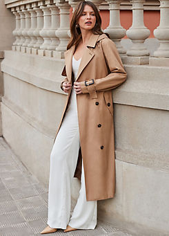 Camel Belted Longline Trench Coat with Hood by Sosandar