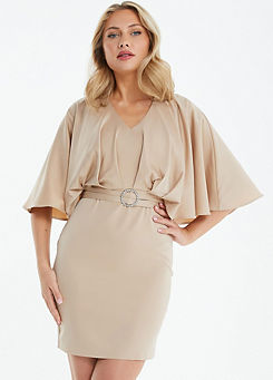 Champagne Satin Mini Dress with Batwing & Diamante Buckle Detail by Quiz