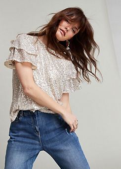 Champagne Sequin Frill Sleeve Top by Freemans