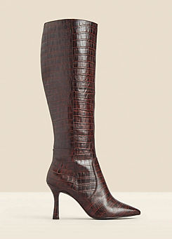 Chocolate Brown Croc Leather Knee High Boots by Sosandar